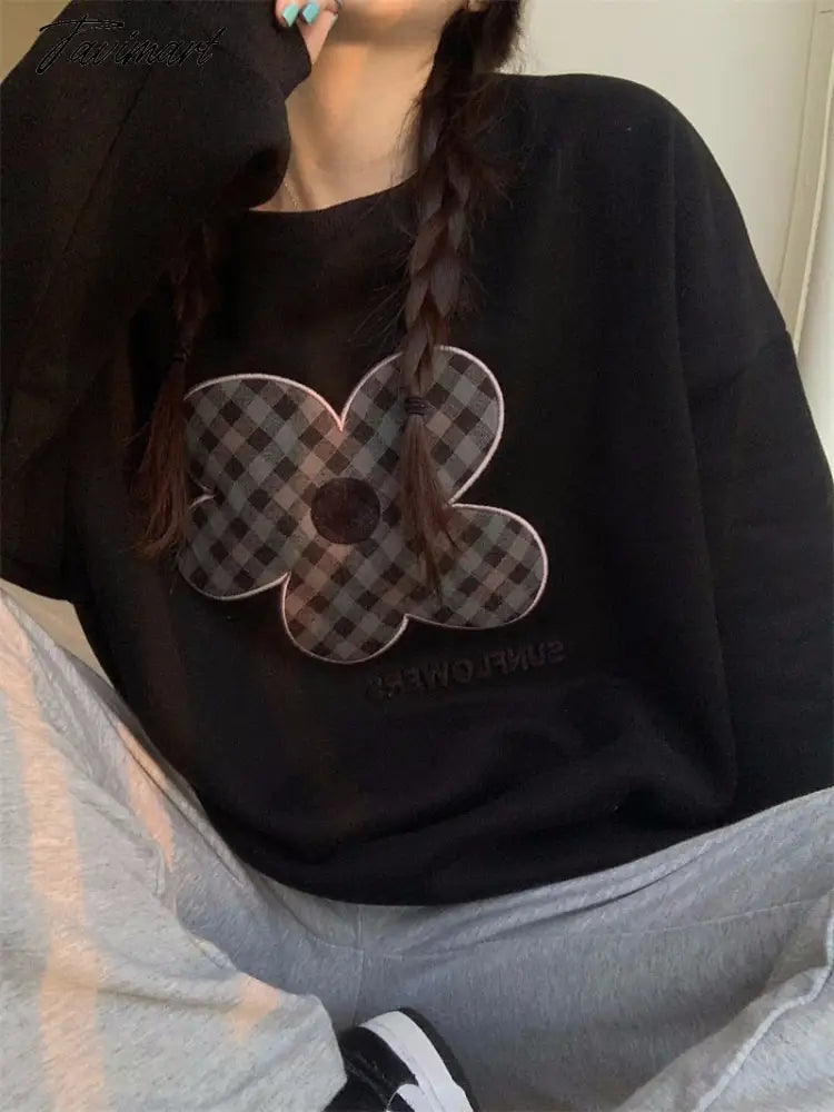 Women Grey Sweatshirt Letter Flowers Pattern Crew Neck Korean Fashion Hip Hop Leisure Loose Fleece Thicken Winter Tops Pullover