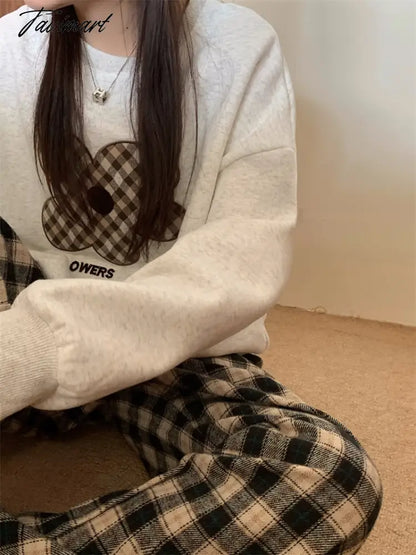 Women Grey Sweatshirt Letter Flowers Pattern Crew Neck Korean Fashion Hip Hop Leisure Loose Fleece Thicken Winter Tops Pullover