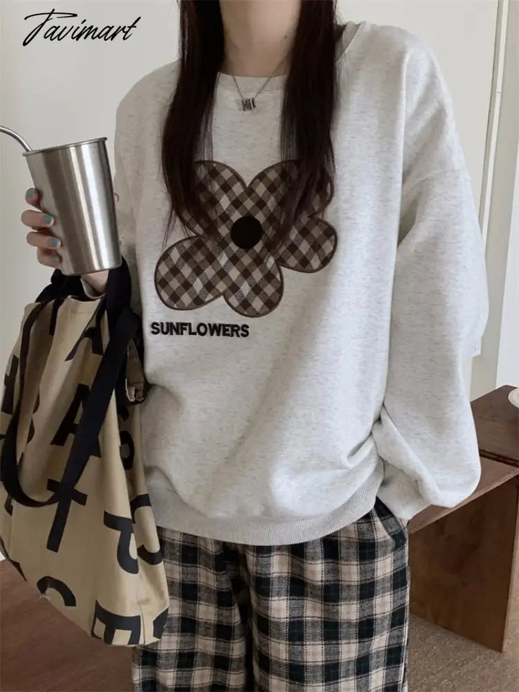 Women Grey Sweatshirt Letter Flowers Pattern Crew Neck Korean Fashion Hip Hop Leisure Loose Fleece Thicken Winter Tops Pullover