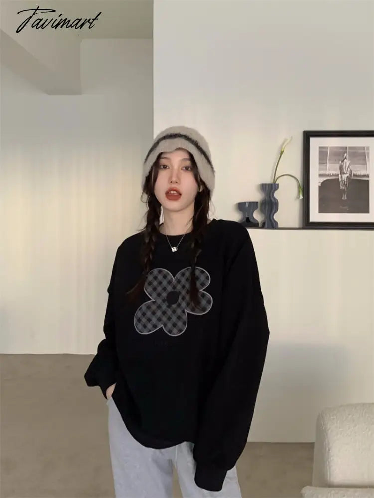 Women Grey Sweatshirt Letter Flowers Pattern Crew Neck Korean Fashion Hip Hop Leisure Loose Fleece Thicken Winter Tops Pullover