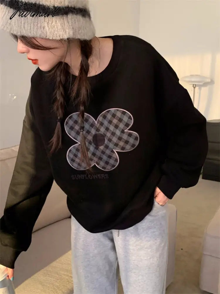 Women Grey Sweatshirt Letter Flowers Pattern Crew Neck Korean Fashion Hip Hop Leisure Loose Fleece Thicken Winter Tops Pullover