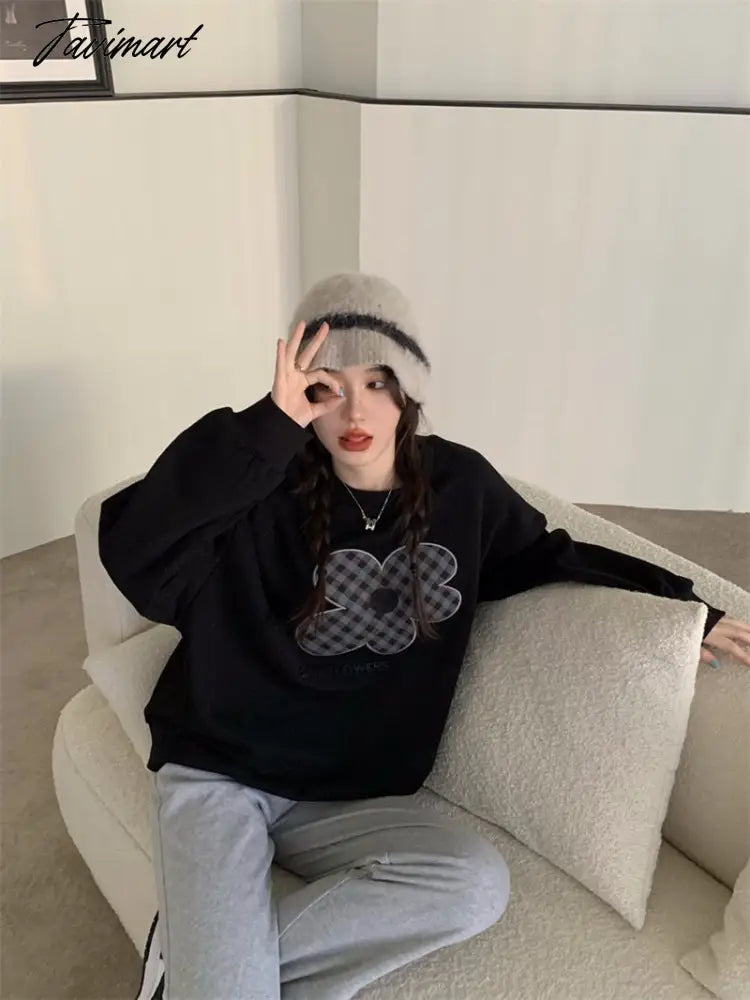 Women Grey Sweatshirt Letter Flowers Pattern Crew Neck Korean Fashion Hip Hop Leisure Loose Fleece Thicken Winter Tops Pullover