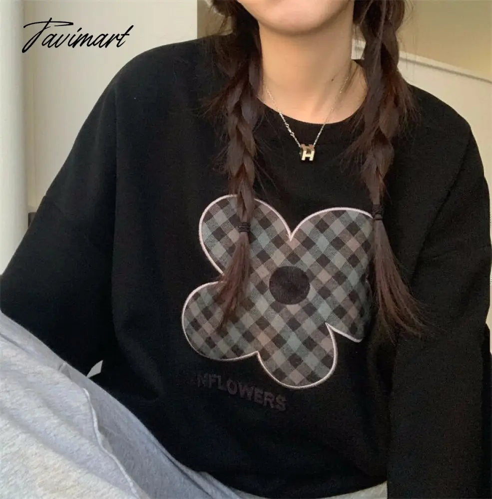 Women Grey Sweatshirt Letter Flowers Pattern Crew Neck Korean Fashion Hip Hop Leisure Loose Fleece Thicken Winter Tops Pullover