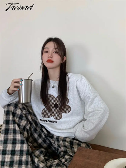 Women Grey Sweatshirt Letter Flowers Pattern Crew Neck Korean Fashion Hip Hop Leisure Loose Fleece Thicken Winter Tops Pullover
