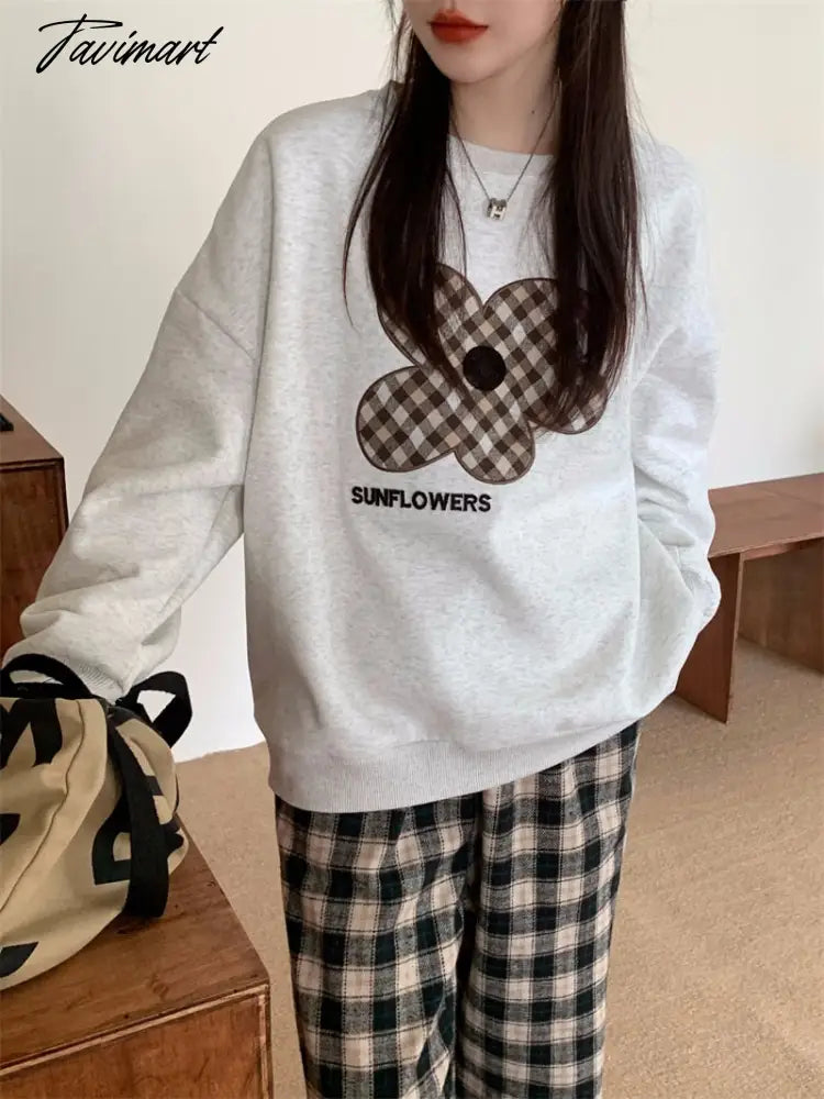 Women Grey Sweatshirt Letter Flowers Pattern Crew Neck Korean Fashion Hip Hop Leisure Loose Fleece Thicken Winter Tops Pullover