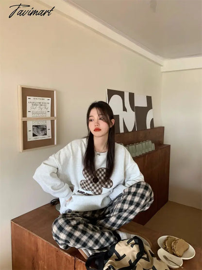 Women Grey Sweatshirt Letter Flowers Pattern Crew Neck Korean Fashion Hip Hop Leisure Loose Fleece Thicken Winter Tops Pullover