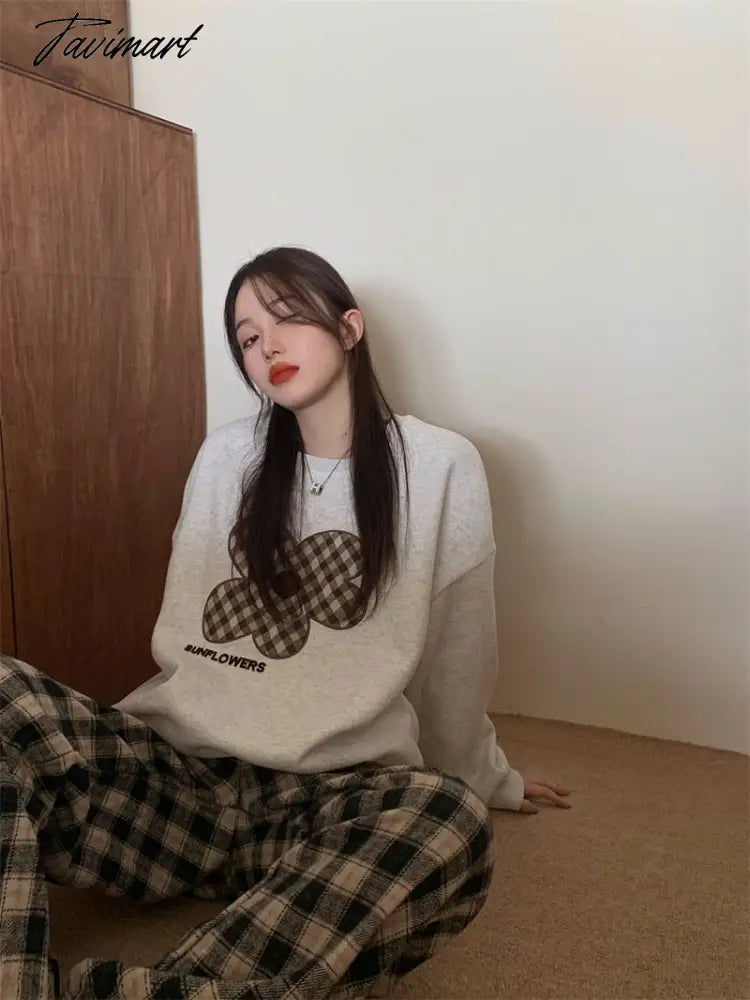 Women Grey Sweatshirt Letter Flowers Pattern Crew Neck Korean Fashion Hip Hop Leisure Loose Fleece Thicken Winter Tops Pullover