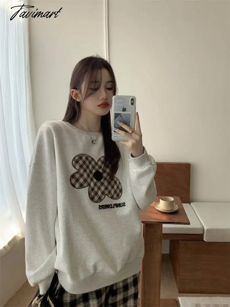 Women Grey Sweatshirt Letter Flowers Pattern Crew Neck Korean Fashion Hip Hop Leisure Loose Fleece Thicken Winter Tops Pullover