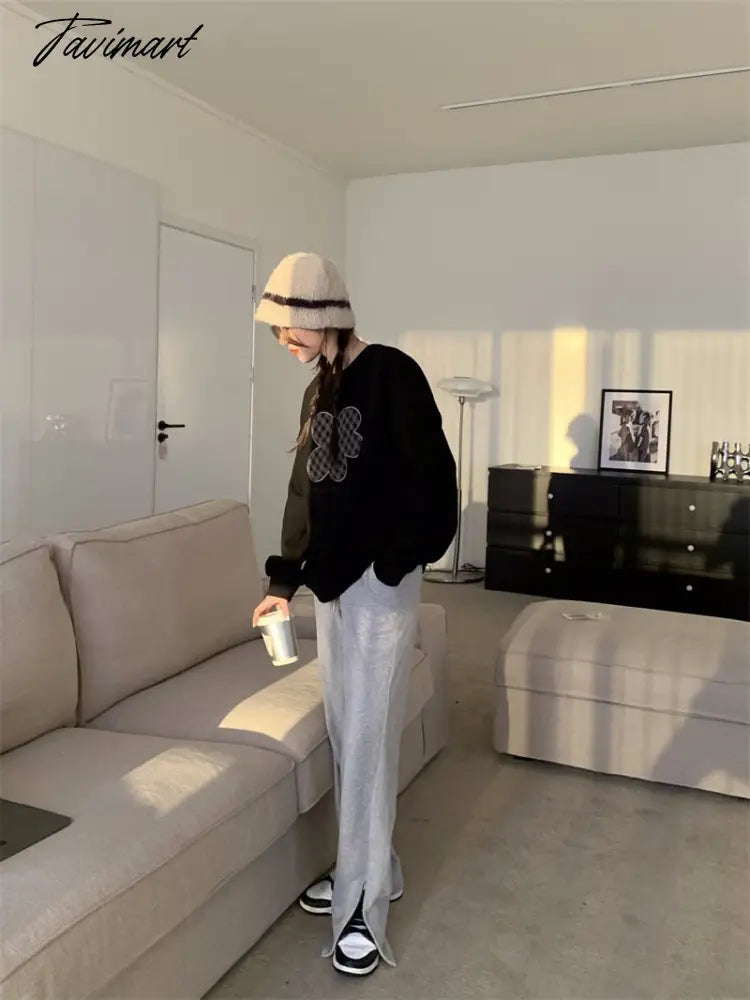 Women Grey Sweatshirt Letter Flowers Pattern Crew Neck Korean Fashion Hip Hop Leisure Loose Fleece Thicken Winter Tops Pullover