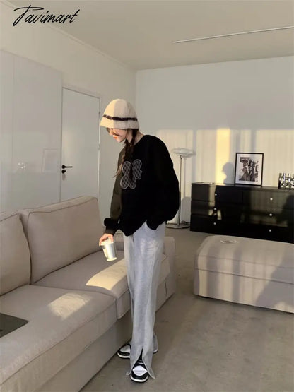 Women Grey Sweatshirt Letter Flowers Pattern Crew Neck Korean Fashion Hip Hop Leisure Loose Fleece Thicken Winter Tops Pullover