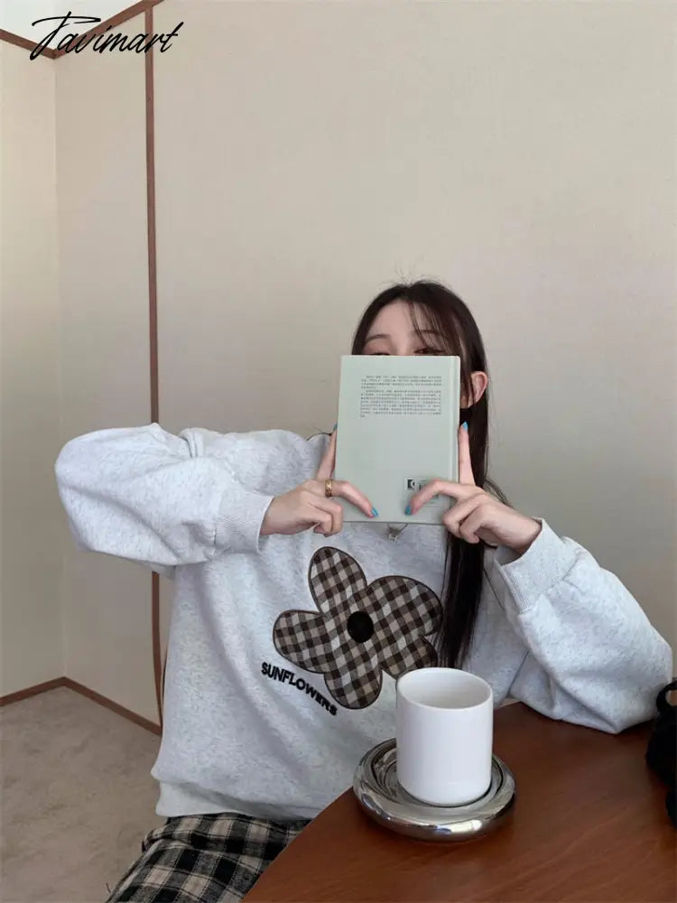 Women Grey Sweatshirt Letter Flowers Pattern Crew Neck Korean Fashion Hip Hop Leisure Loose Fleece Thicken Winter Tops Pullover