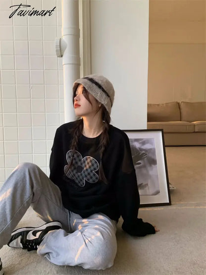 Women Grey Sweatshirt Letter Flowers Pattern Crew Neck Korean Fashion Hip Hop Leisure Loose Fleece Thicken Winter Tops Pullover