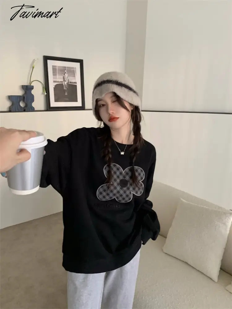 Women Grey Sweatshirt Letter Flowers Pattern Crew Neck Korean Fashion Hip Hop Leisure Loose Fleece Thicken Winter Tops Pullover