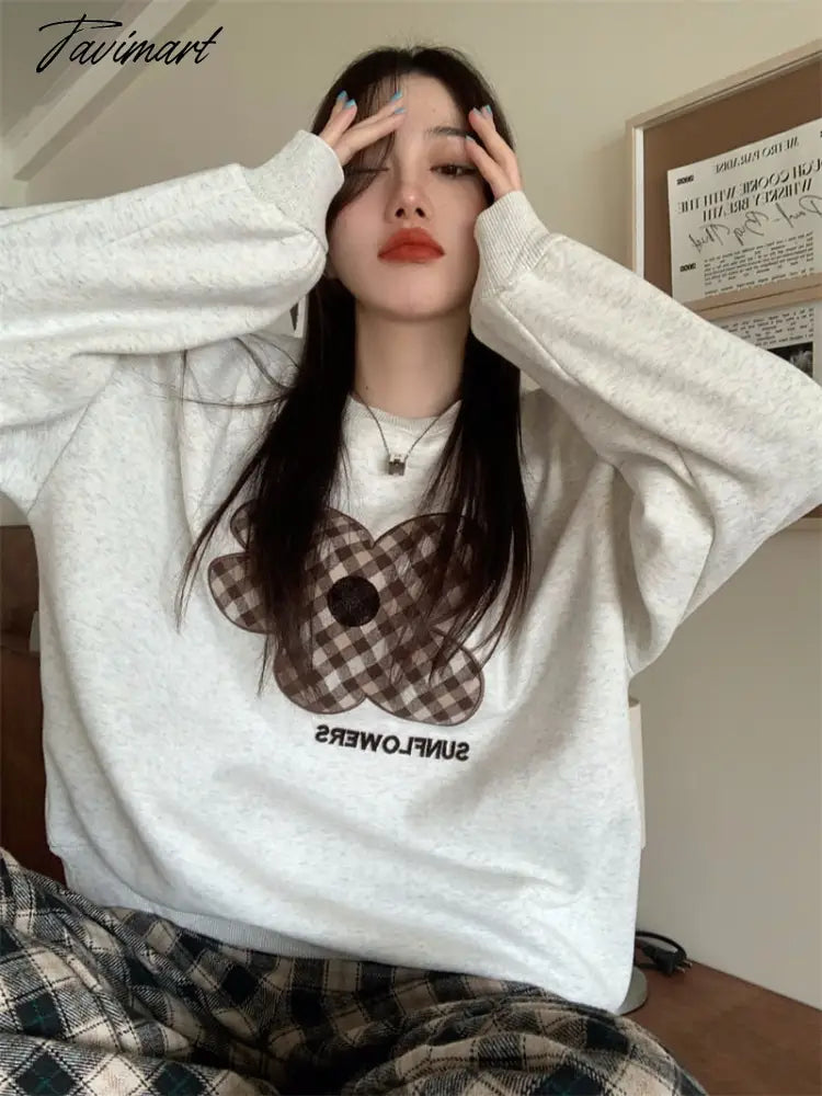 Women Grey Sweatshirt Letter Flowers Pattern Crew Neck Korean Fashion Hip Hop Leisure Loose Fleece Thicken Winter Tops Pullover
