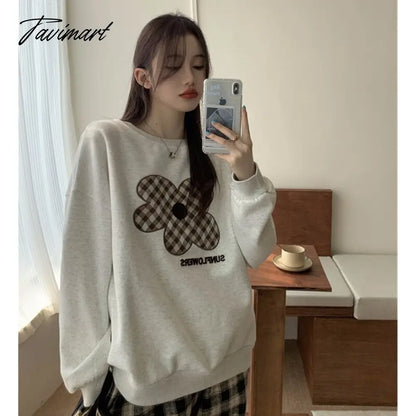 Women Grey Sweatshirt Letter Flowers Pattern Crew Neck Korean Fashion Hip Hop Leisure Loose Fleece Thicken Winter Tops Pullover