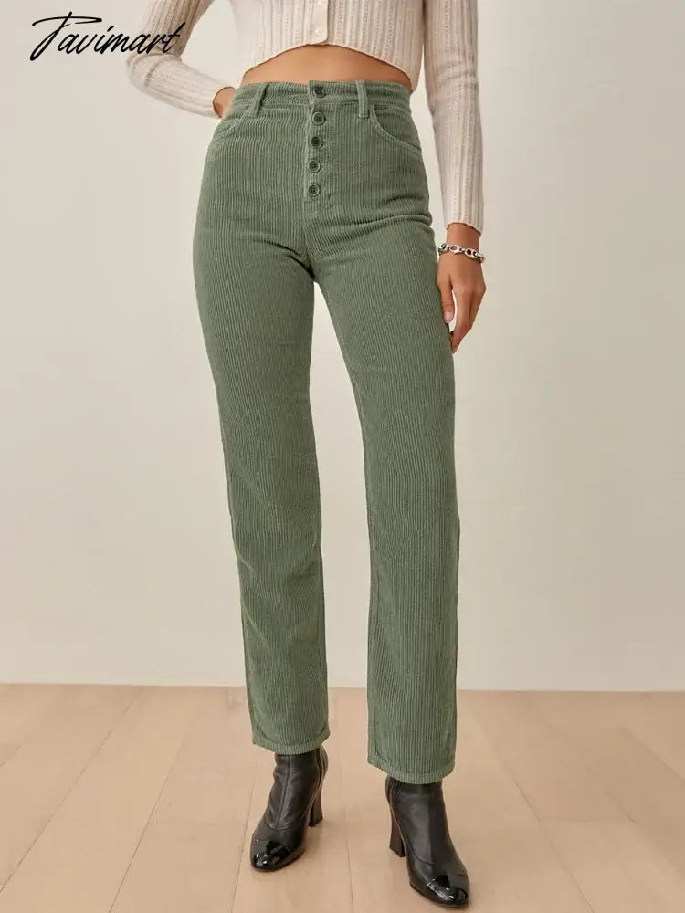 Women High Rise Relaxed Ankle Length Corduroy Pants Button Fly High Rise Straight Corduroy Pants