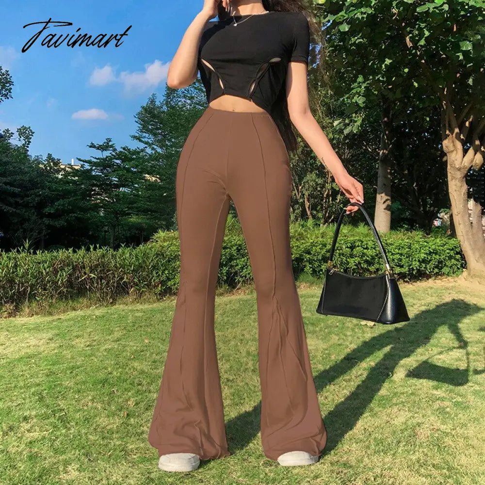 Women High Waist Elastic Wide Leg Flare Pants Casual Ladies Solid Bell-Bottomed Trousers Fashion Streetwear