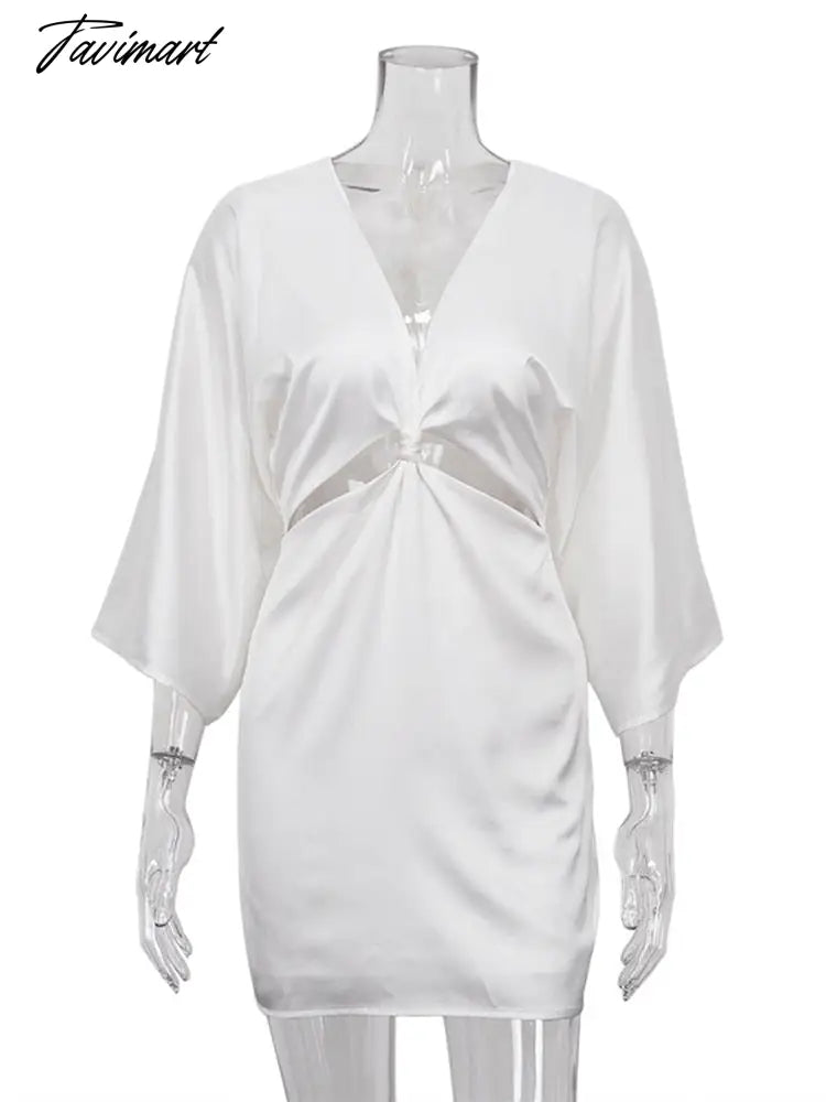 Women Hollow Out Deep V-neck Sexy Mini Dress Ladies Bow Satin Bodycon Dresses White Casual Fashion Streetwear Summer