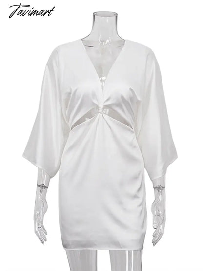 Women Hollow Out Deep V-neck Sexy Mini Dress Ladies Bow Satin Bodycon Dresses White Casual Fashion Streetwear Summer