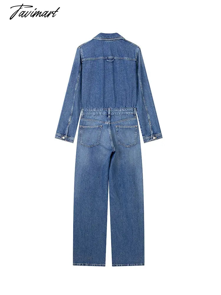 Women Jean Jumpsuits Five Patch Pockets Straight Leg Pants Jumpsuit Lapel Collar Button Up Long Sleeve Casual Denim Jumpsuit