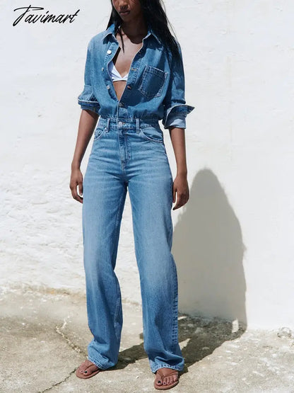 Women Jean Jumpsuits Five Patch Pockets Straight Leg Pants Jumpsuit Lapel Collar Button Up Long Sleeve Casual Denim Jumpsuit