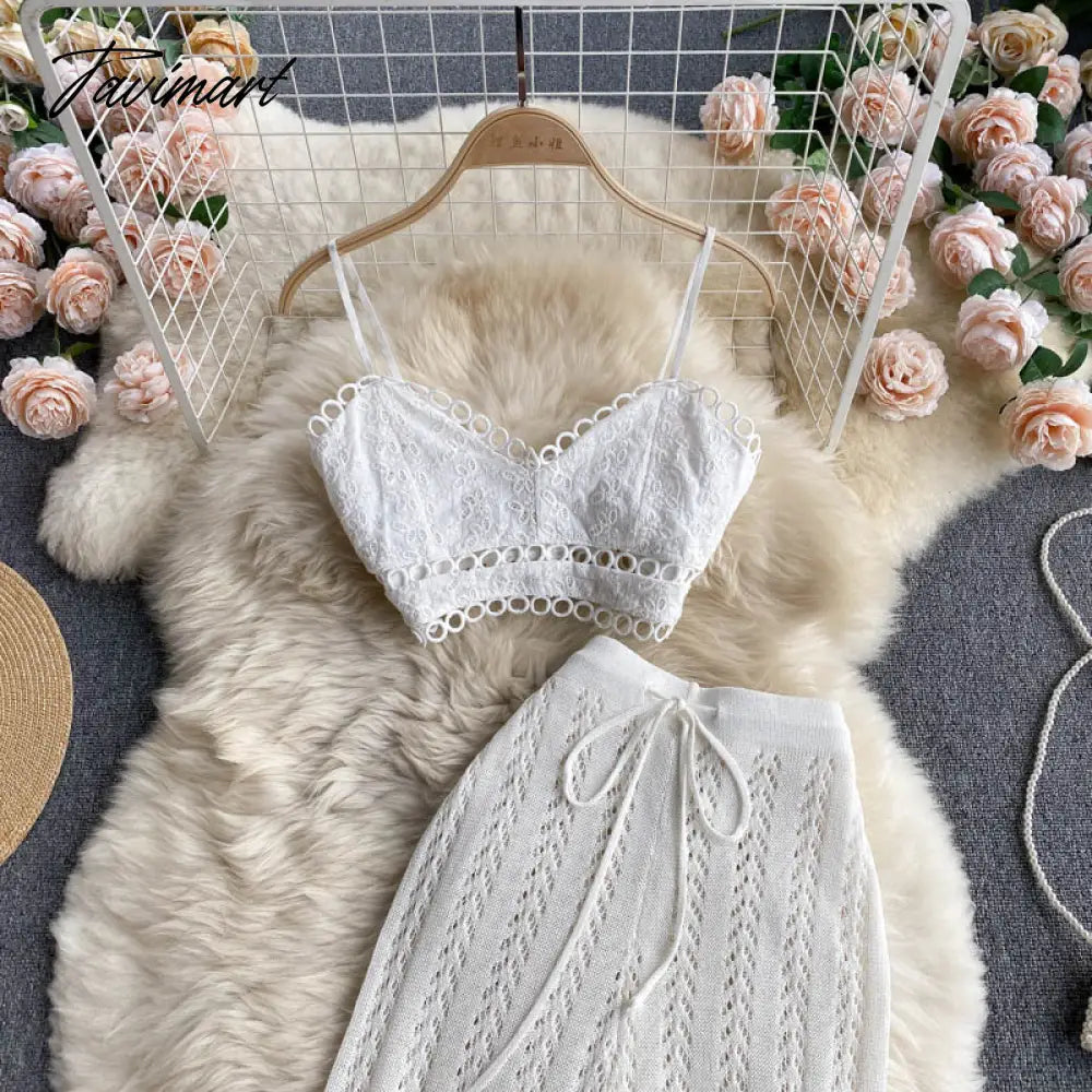 Women Korean Style Knitted Pants Sets Summer Elastic Waist Belt Vacation Elegant Ladies Beach A Line Two Piece Sets