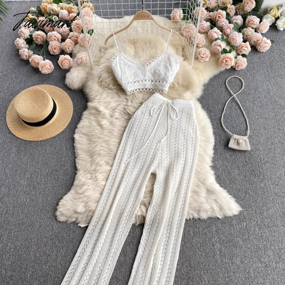 Women Korean Style Knitted Pants Sets Summer Elastic Waist Belt Vacation Elegant Ladies Beach A Line Two Piece Sets