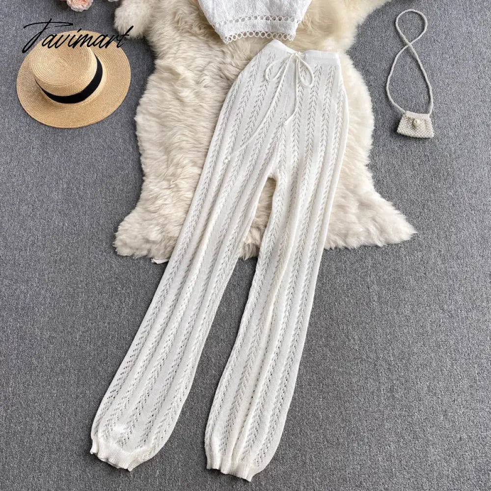 Women Korean Style Knitted Pants Sets Summer Elastic Waist Belt Vacation Elegant Ladies Beach A Line Two Piece Sets