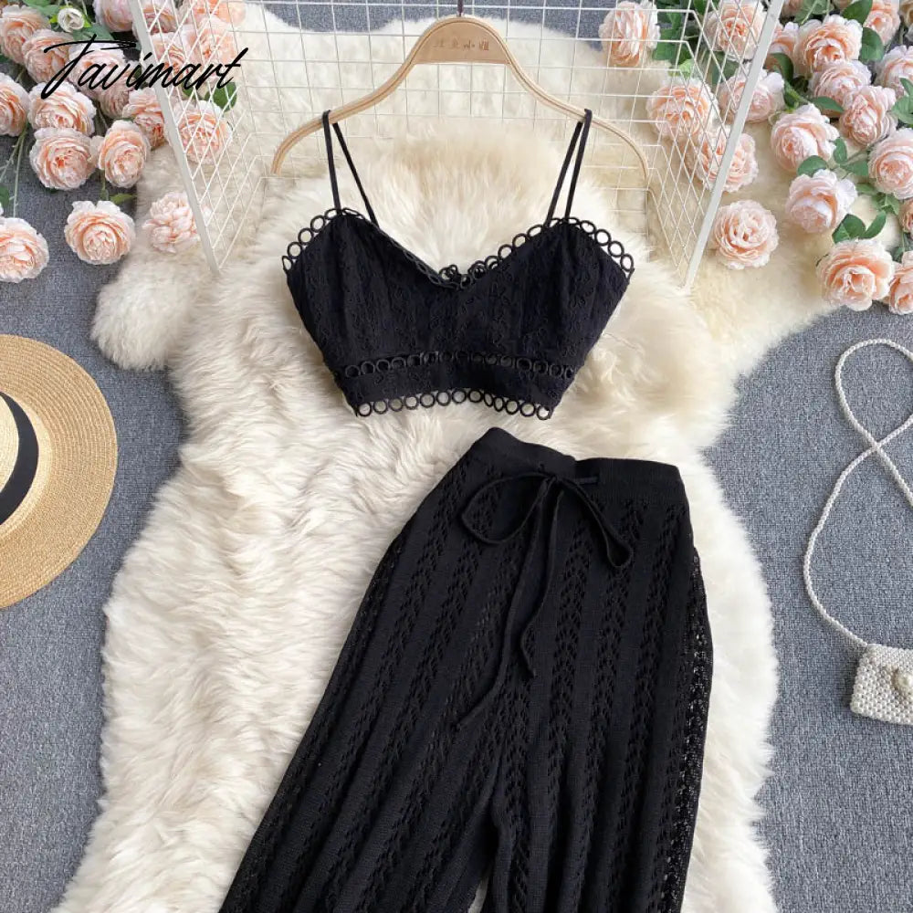 Women Korean Style Knitted Pants Sets Summer Elastic Waist Belt Vacation Elegant Ladies Beach A Line Two Piece Sets