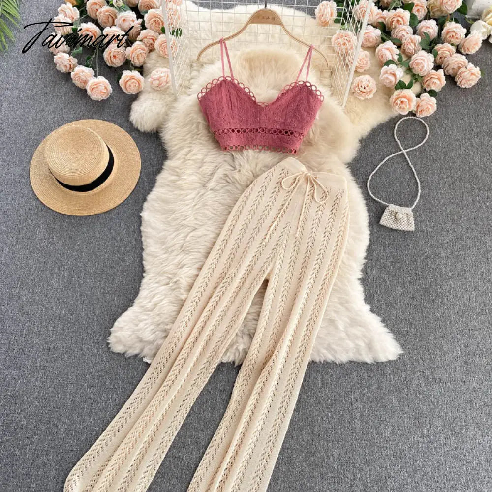 Women Korean Style Knitted Pants Sets Summer Elastic Waist Belt Vacation Elegant Ladies Beach A Line Two Piece Sets