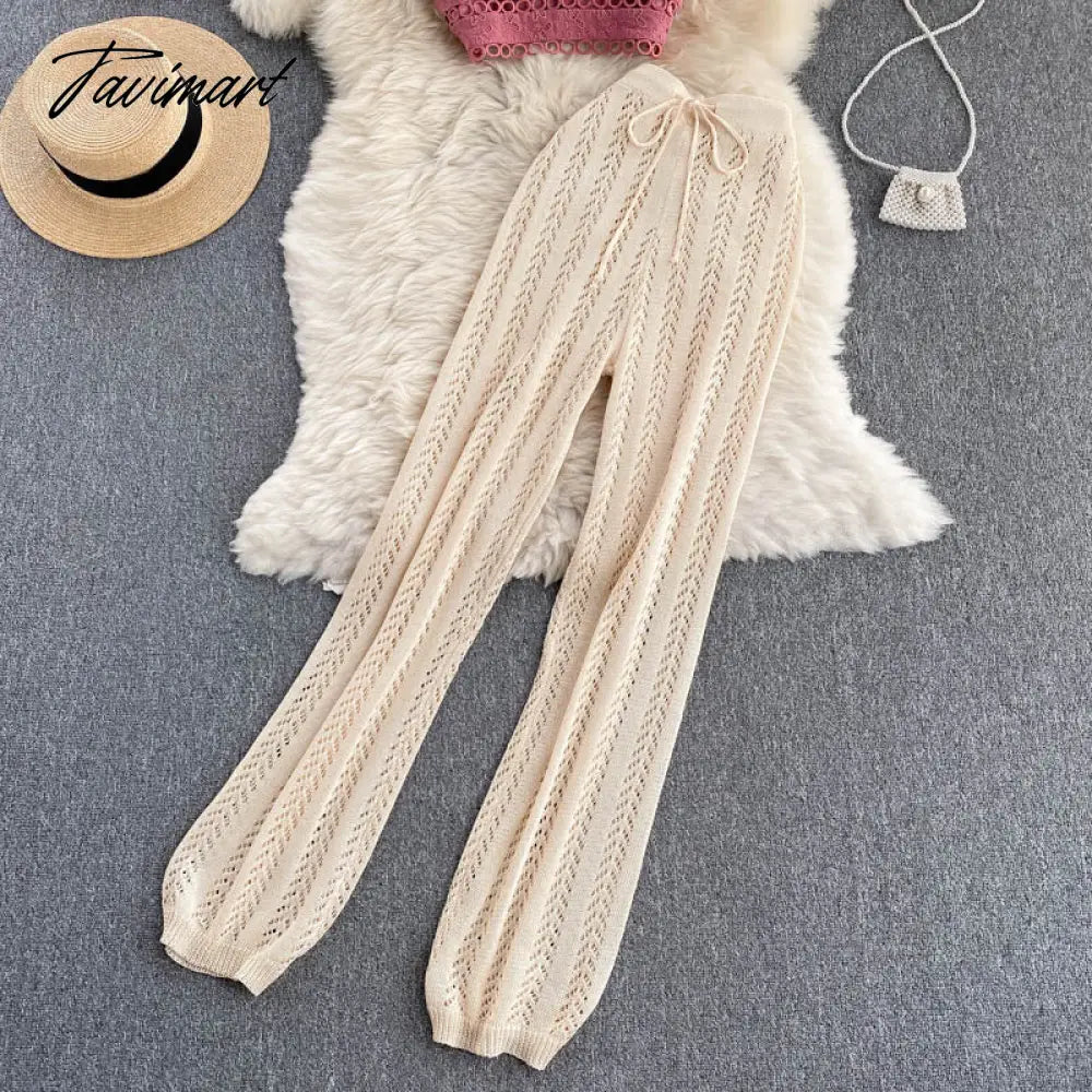 Women Korean Style Knitted Pants Sets Summer Elastic Waist Belt Vacation Elegant Ladies Beach A Line Two Piece Sets