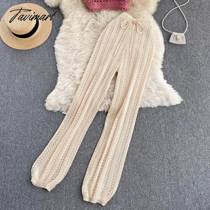 Women Korean Style Knitted Pants Sets Summer Elastic Waist Belt Vacation Elegant Ladies Beach A Line Two Piece Sets