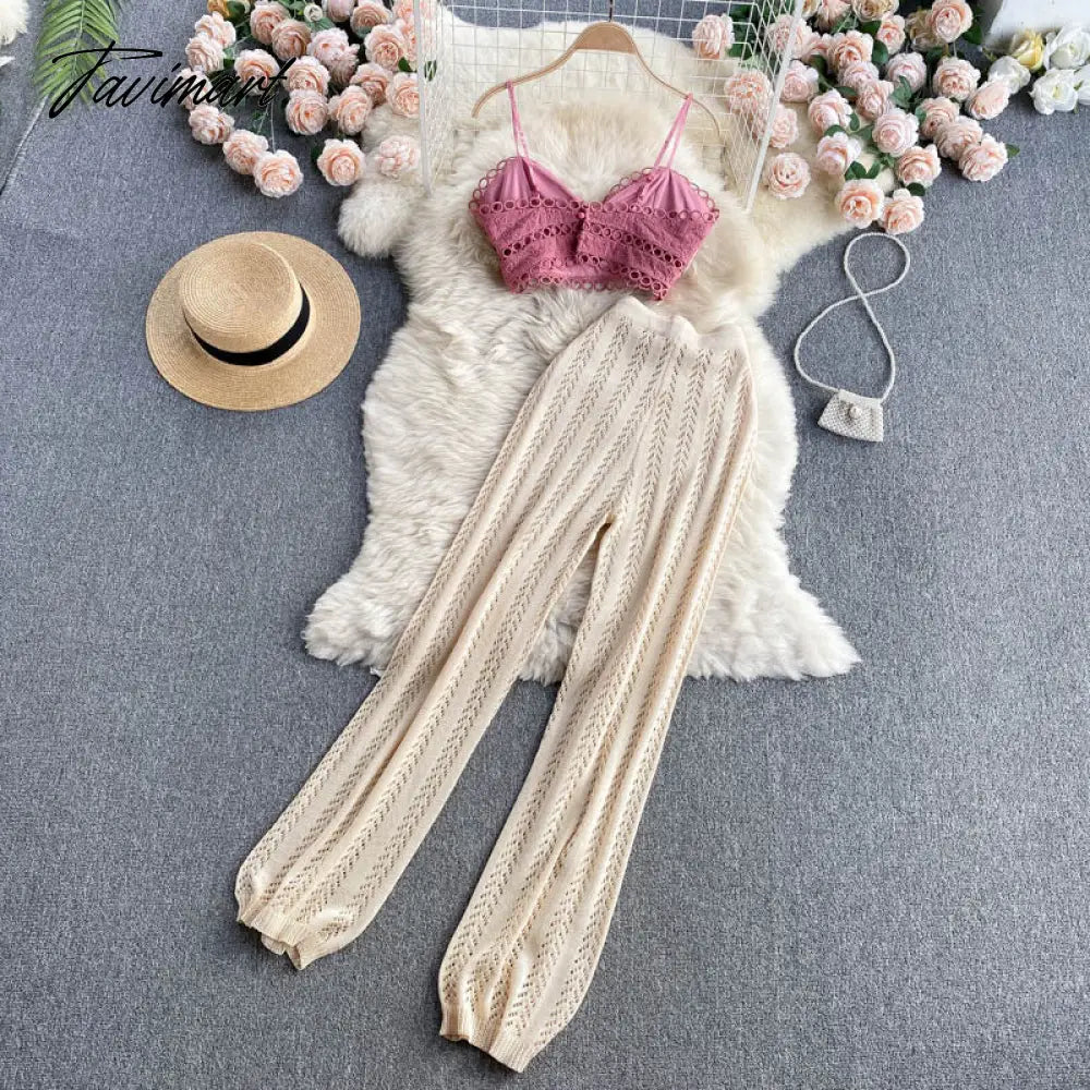 Women Korean Style Knitted Pants Sets Summer Elastic Waist Belt Vacation Elegant Ladies Beach A Line Two Piece Sets