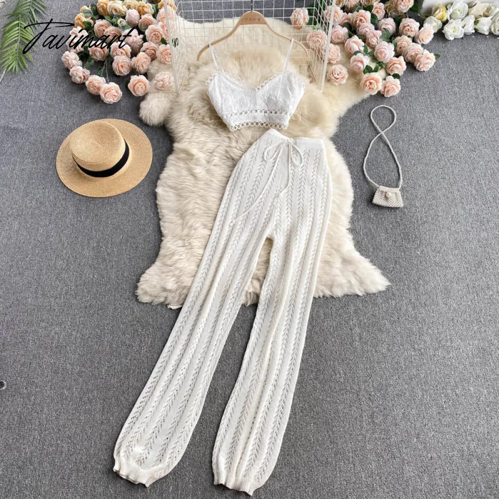 Women Korean Style Knitted Pants Sets Summer Elastic Waist Belt Vacation Elegant Ladies Beach A Line Two Piece Sets