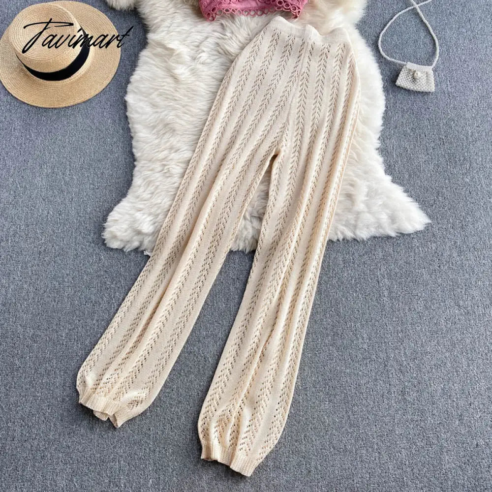 Women Korean Style Knitted Pants Sets Summer Elastic Waist Belt Vacation Elegant Ladies Beach A Line Two Piece Sets