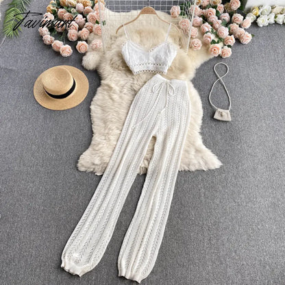 Women Korean Style Knitted Pants Sets Summer Elastic Waist Belt Vacation Elegant Ladies Beach A Line Two Piece Sets