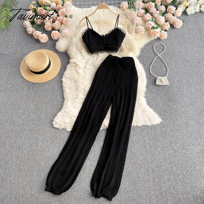 Women Korean Style Knitted Pants Sets Summer Elastic Waist Belt Vacation Elegant Ladies Beach A Line Two Piece Sets