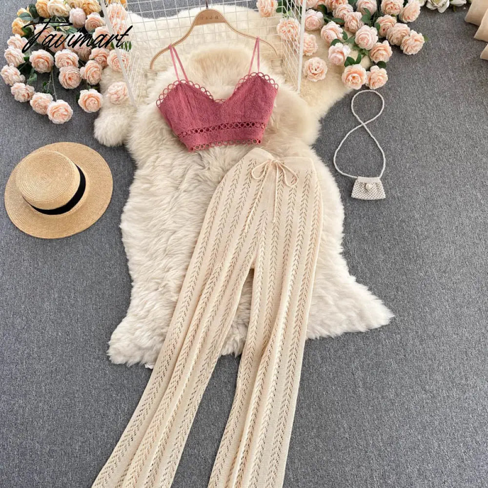 Women Korean Style Knitted Pants Sets Summer Elastic Waist Belt Vacation Elegant Ladies Beach A Line Two Piece Sets
