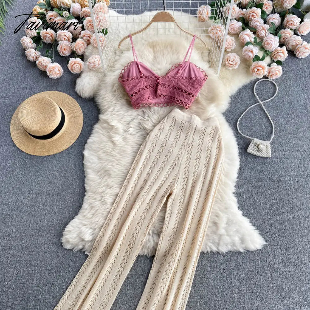 Women Korean Style Knitted Pants Sets Summer Elastic Waist Belt Vacation Elegant Ladies Beach A Line Two Piece Sets