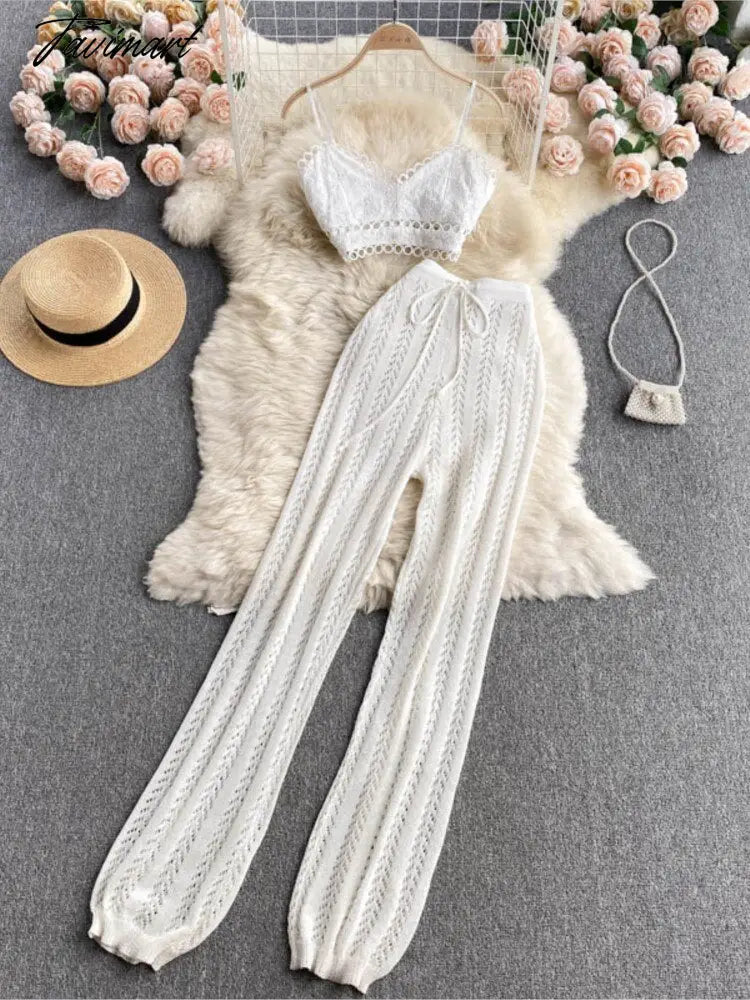 Women Korean Style Knitted Pants Sets Summer Elastic Waist Belt Vacation Elegant Ladies Beach A Line Two Piece Sets