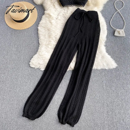 Women Korean Style Knitted Pants Sets Summer Elastic Waist Belt Vacation Elegant Ladies Beach A Line Two Piece Sets