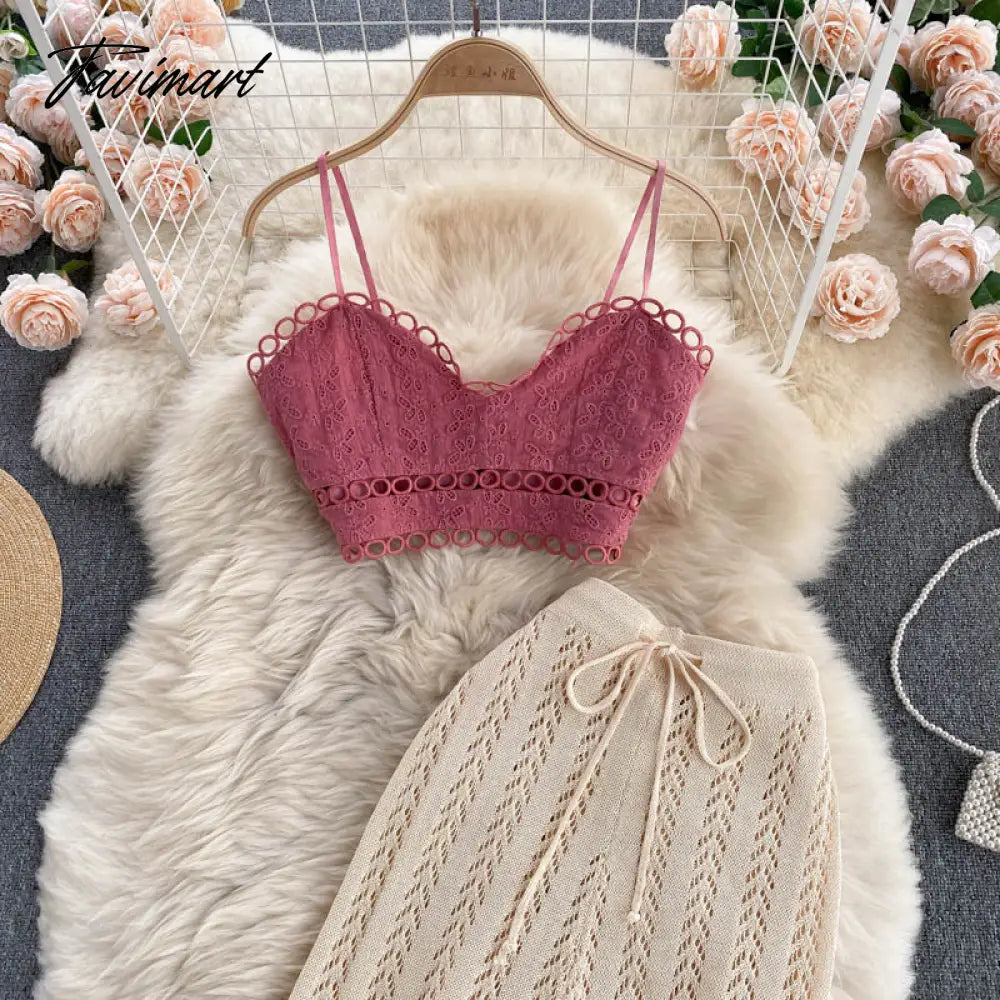Women Korean Style Knitted Pants Sets Summer Elastic Waist Belt Vacation Elegant Ladies Beach A Line Two Piece Sets