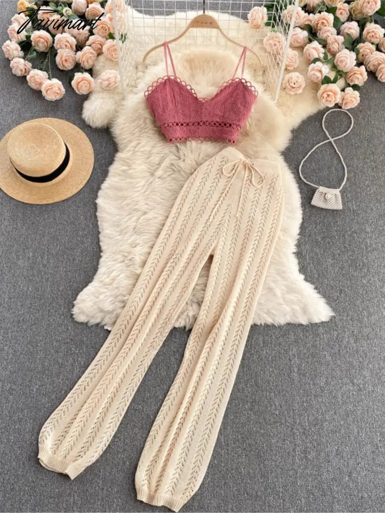 Women Korean Style Knitted Pants Sets Summer Elastic Waist Belt Vacation Elegant Ladies Beach A Line Two Piece Sets