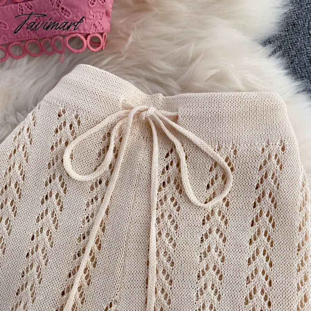 Women Korean Style Knitted Pants Sets Summer Elastic Waist Belt Vacation Elegant Ladies Beach A Line Two Piece Sets