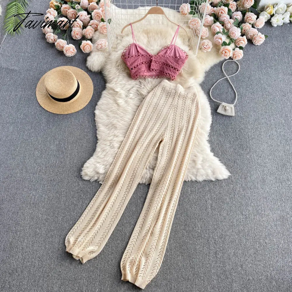 Women Korean Style Knitted Pants Sets Summer Elastic Waist Belt Vacation Elegant Ladies Beach A Line Two Piece Sets