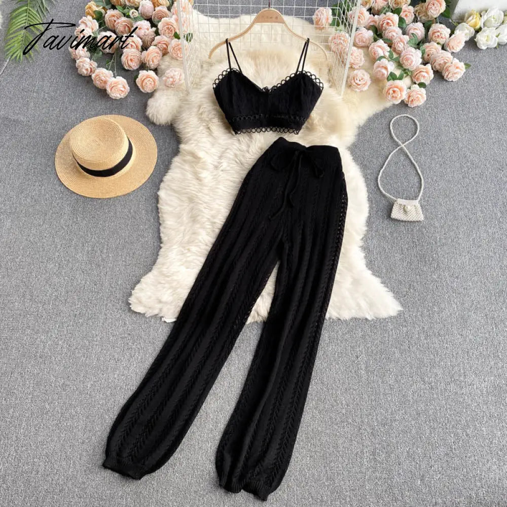 Women Korean Style Knitted Pants Sets Summer Elastic Waist Belt Vacation Elegant Ladies Beach A Line Two Piece Sets