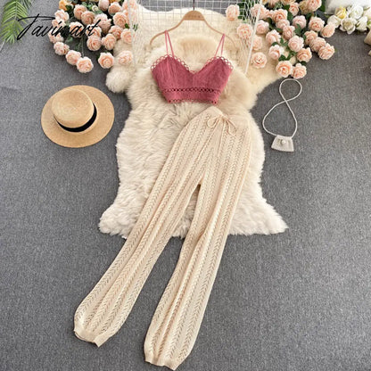 Women Korean Style Knitted Pants Sets Summer Elastic Waist Belt Vacation Elegant Ladies Beach A Line Two Piece Sets