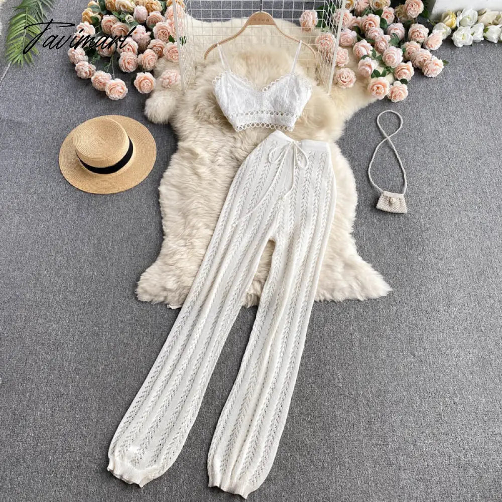 Women Korean Style Knitted Pants Sets Summer Elastic Waist Belt Vacation Elegant Ladies Beach A Line Two Piece Sets