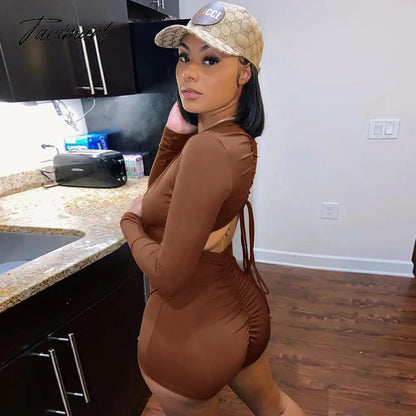 Women Lace Drawstring Pleated Bodycon Playsuits Sexy Hollow Out Backless Long Sleeve Jumpsuit Clubwear Female Bodysuit