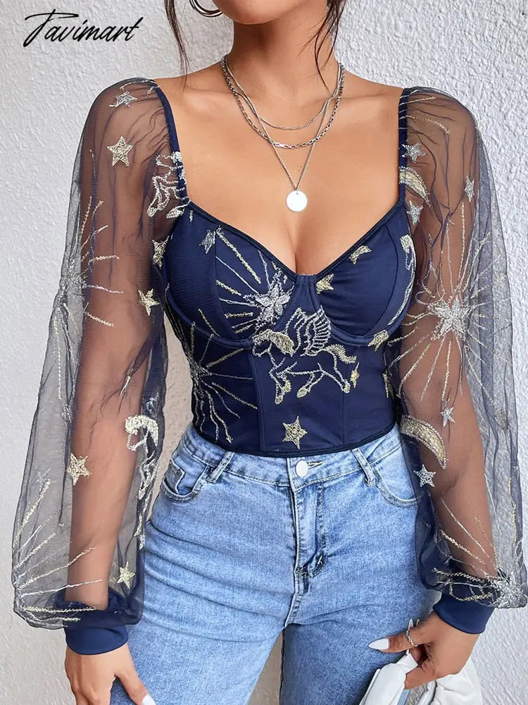 Women Lace Stitching Casual Slim Top Perspective Mesh Long Sleeve Sexy Babes T-Shirt Overalls Elegant Women's Tops High Street